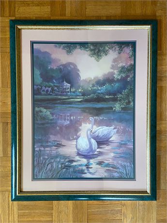 "Swans On A Pond, Gazebo" by Margie Whittington Print