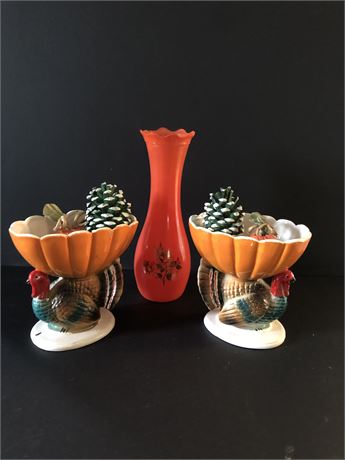 Vintage E.O. Brody Thanksgiving Candle Holders & Vase