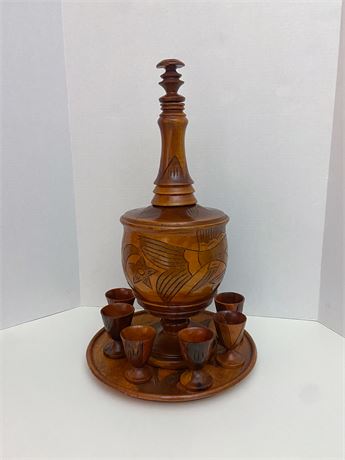 Vintage Carved Wood Barware Set